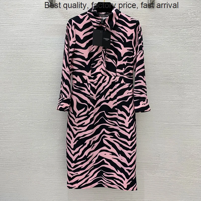

High quality luxury brand 22 Autumn Runway Women Slim Lapel Shirt Dress Fashion Pink Black Zebra Print Outerwear Female Vintage