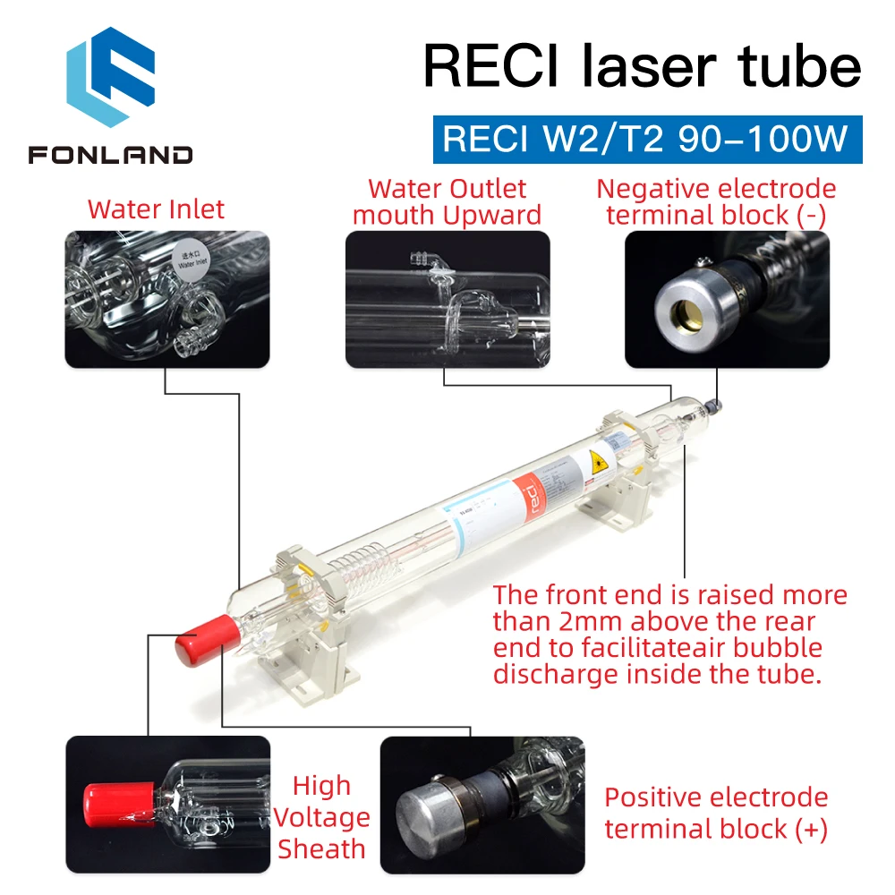FONLAND Reci W2/T2 90W-100W CO2 Laser Tube Dia.80mm/65mm For CO2 Laser Engraving Cutting Machine Wooden Case Box Packing enlarge