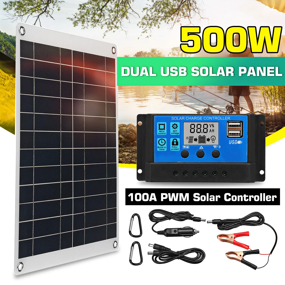 

500W Solar Panel Kit Complete Fixed Dual 12/5V DC USB With 100A PWM Solar Controller Solar Cell for Car Yacht RV Battery Charger