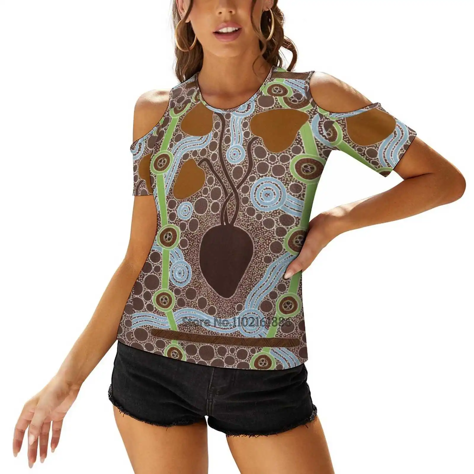 

Женская футболка на молнии с V-образным вырезом и принтом