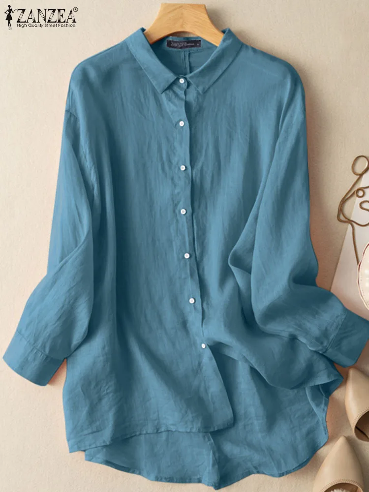 

Модная женская Повседневная однотонная туника с отложным воротником ZANZEA, летняя Элегантная блузка на пуговицах, офисный Топ с длинным рука...