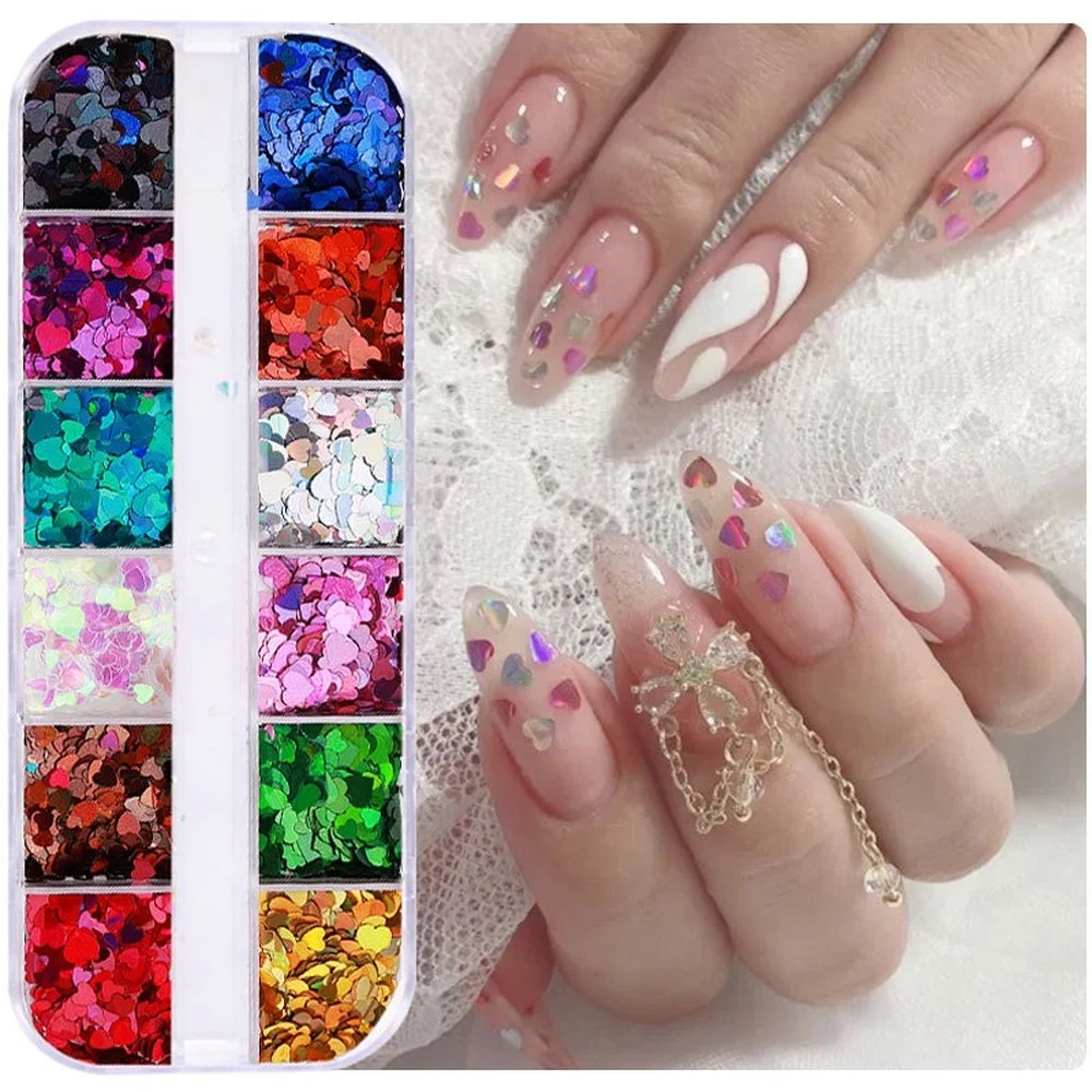 

12 Grids/Box Sweet Love Heart Nails Sequins Mixed Color Sparkly Iridescent Nail Glitter Flakes 3D Manicure Design Nail Art Decor
