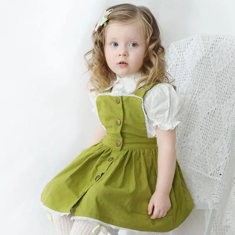 2 Piece Suspender Dress And Shirts Sets Summer Casual T Shirt And Gown Children Toddler Mid Length Dresses Outfits Suits