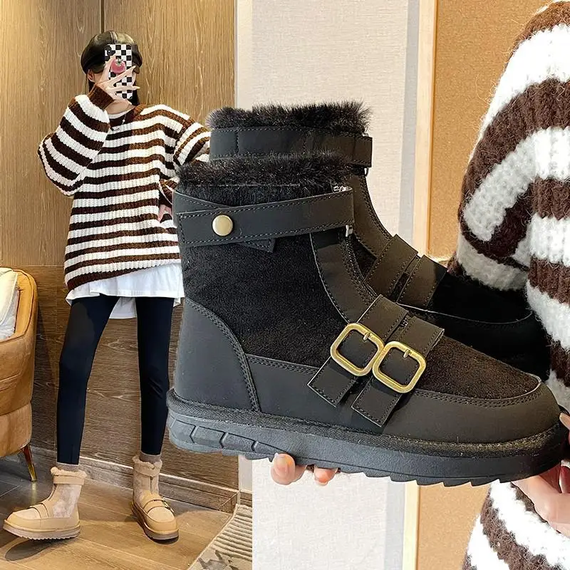 

Anti-skid Warm Motorcycle 2021 Winter New Ladies Casual Retro Metal Buckle Short Boots Sheepskin Wool One Thickened Anti-skid Wa