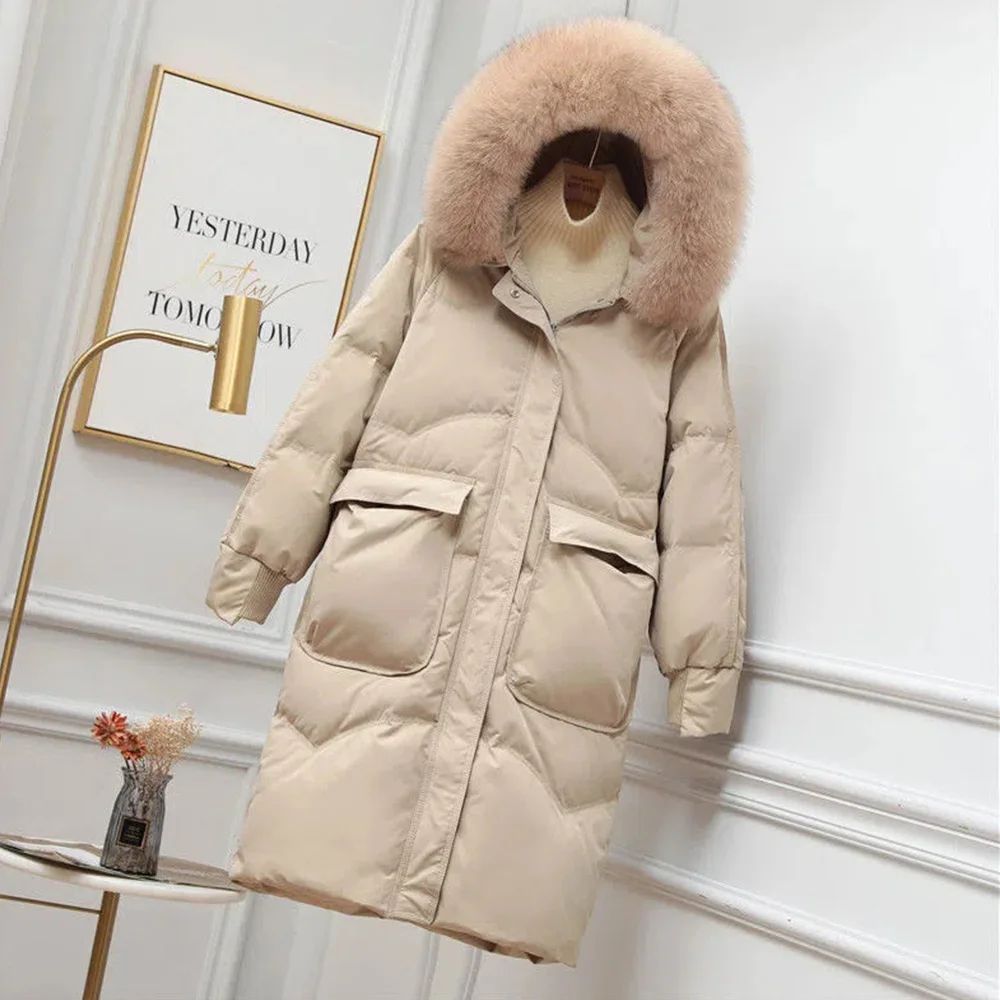 Female Down Jackets 2022 Winter New White Duck Down Large Size Long Hat Big Fur Collar Thickened High-Grade Warm Coats Women