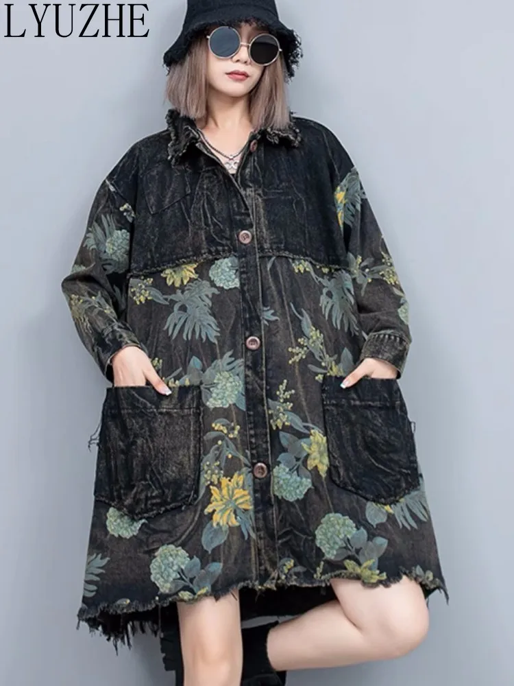 

LYUZHE Old Printed Denim Mid Length Jacket Women 2023 Autumn Winter New Loose Fit Oversized Reduced Age Cardigan Top ZXF738A