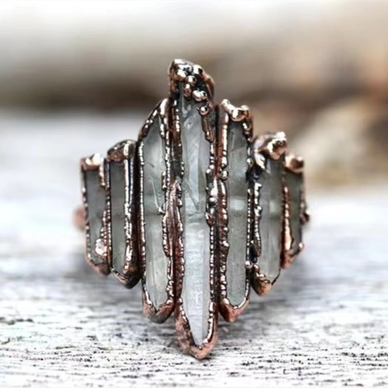 

Creative Volcanic Rock Vertical Bar Crystal Rings Women Men's Punk Bronze Metal Rings Charm Jewelry Gifts