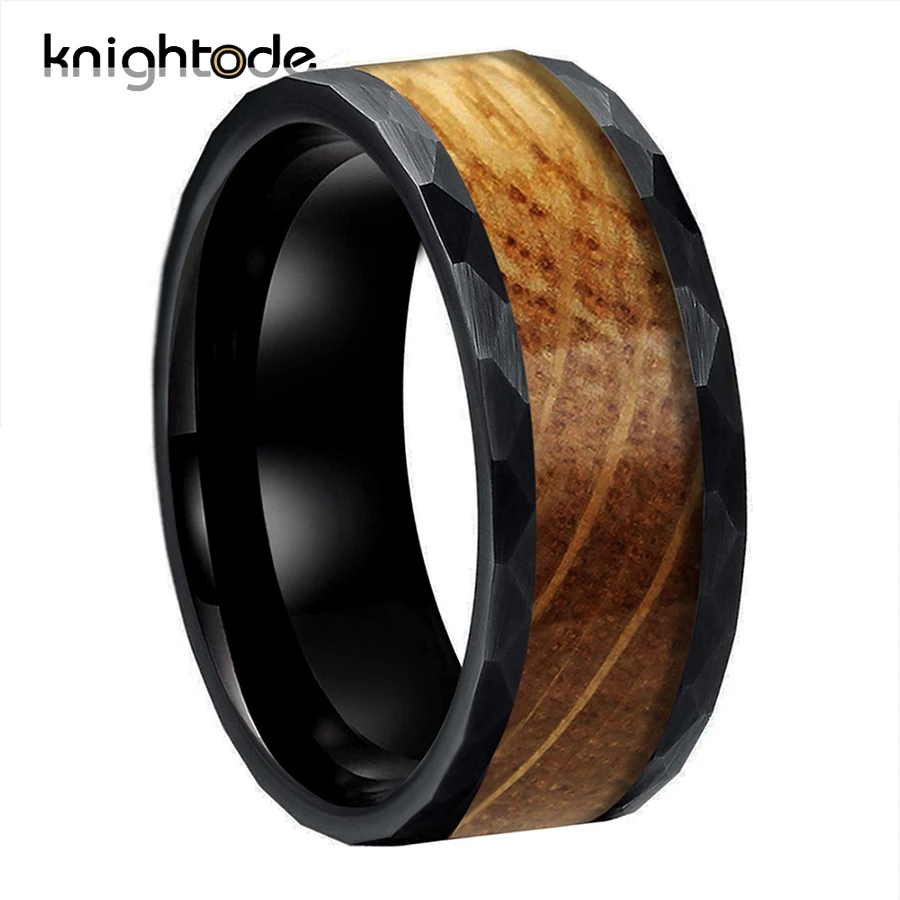

8mm Hammered 2 Colors Tungsten Rings for Men Wedding Bands Really Whiskey Barrel Oak Wood Inlay Facets Brushed Comfort Fit