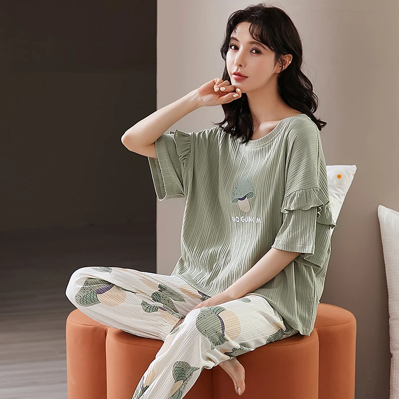 

Women Cute Printing Pyjamas Female Short Sleeve Summer Sleepwear Young Girls O-neck Fashion Casual Nightwear 2PC Peignoir Femme