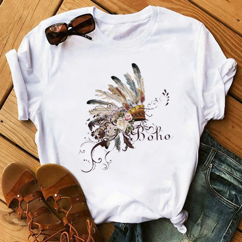 

Футболка женская с коротким рукавом, модная рубашка с акварельным рисунком, с изображением цветов и перьев, для отдыха и путешествий, летняя