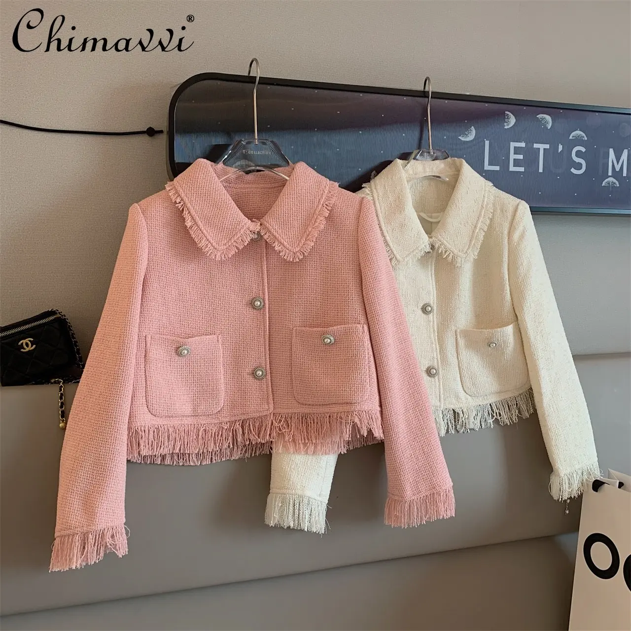 

Elegant Cotton and Linen Woven Tweed Tassel Short Coat 2023 Spring New Fashion Loose-Fitting Long Sleeves Temperament Jacket