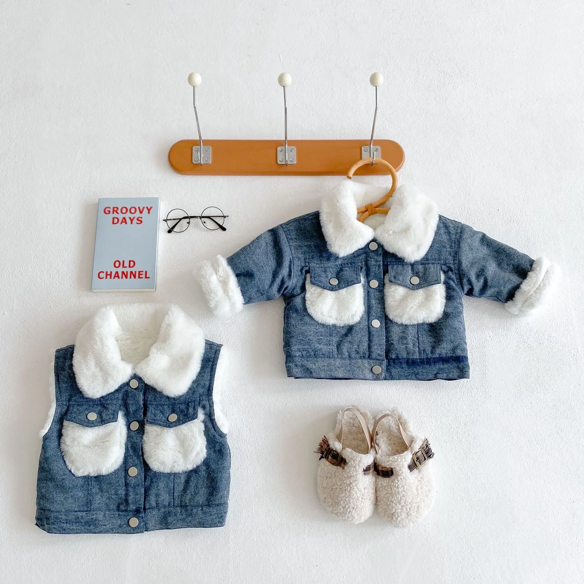 

2022 winter coat for baby All-match baby and infant denim coat vest fleece-lined lapel cardigan long sleeve top