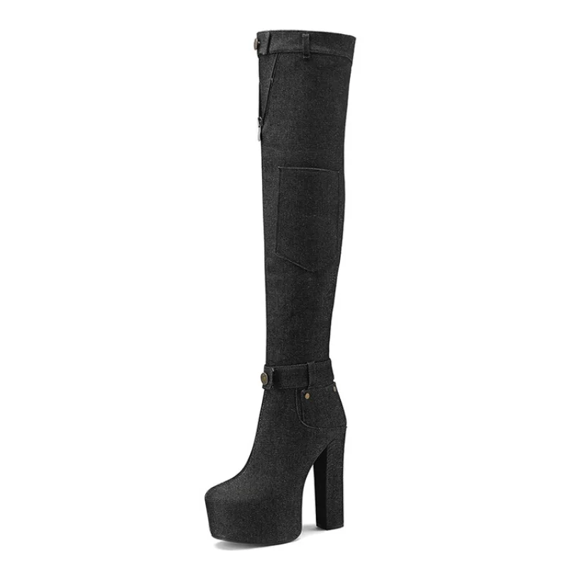 2023Slim Plus Size Thigh-high Boots Chunky Heels Over The Knee Children's High-heeled Round Toe Cowboy Boots A-0031