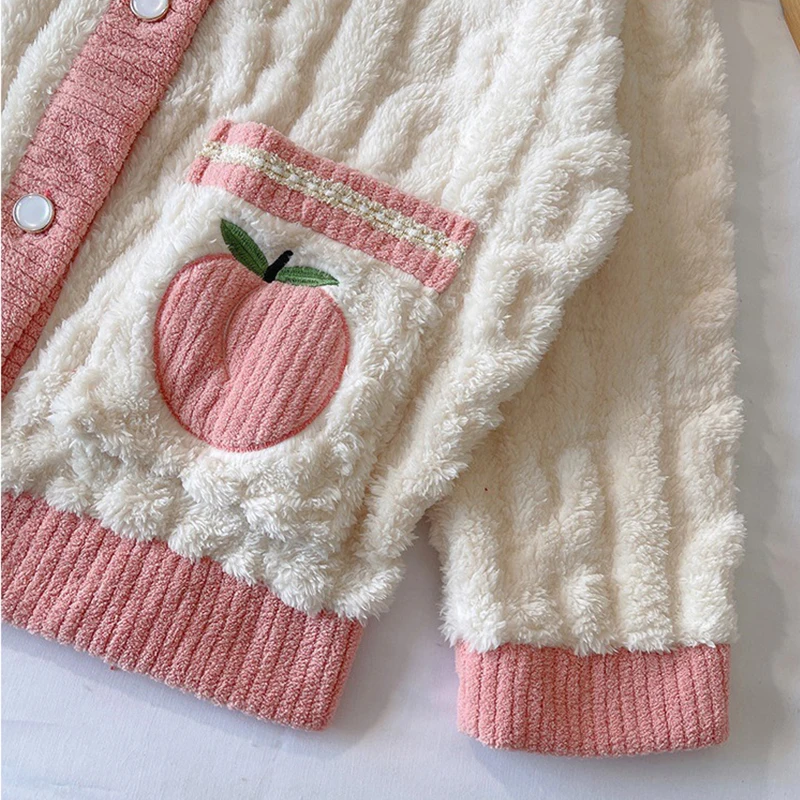 Women's Fleece Pajamas Set Winter Thick Sweet Korean Style Ladies 2 Pieces Sleepwear Single Breasted Pijama Suit For Female