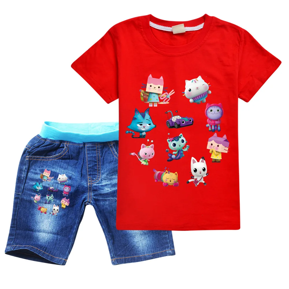 

Gabbys Dollhouse Clothes Kids Gabby Cats T-shirt Denim Shorts 2pcs Set Girls Clothing Sets Toddler Boys Short Sleeve Sportsuits