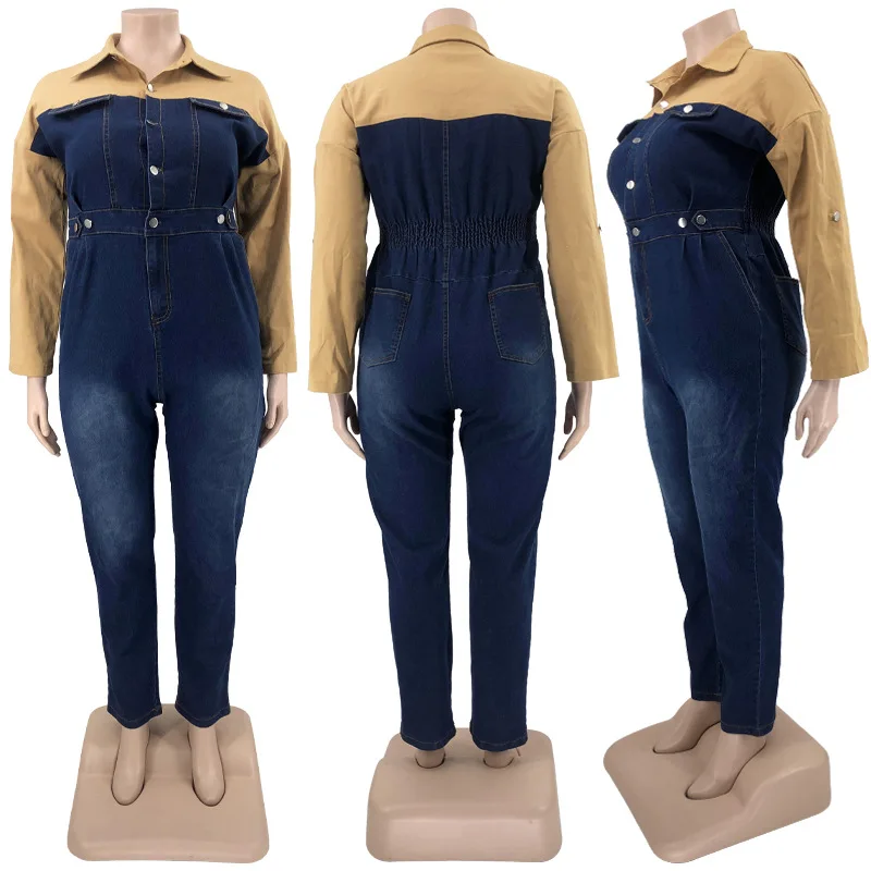Plus Size Women Clothing Plus Size Jumpsuit Office Lady Turn-down Collar Button Long Sleeve Color Contrast Ankle-Length Full