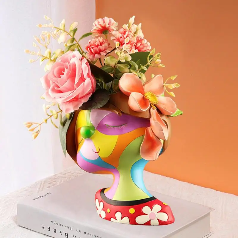 

cute Rainbow Head Planter Resin Face Planter with Drainage Creative Face Pots for Plants Abstract Rainbow Cute Girl Flowerpot