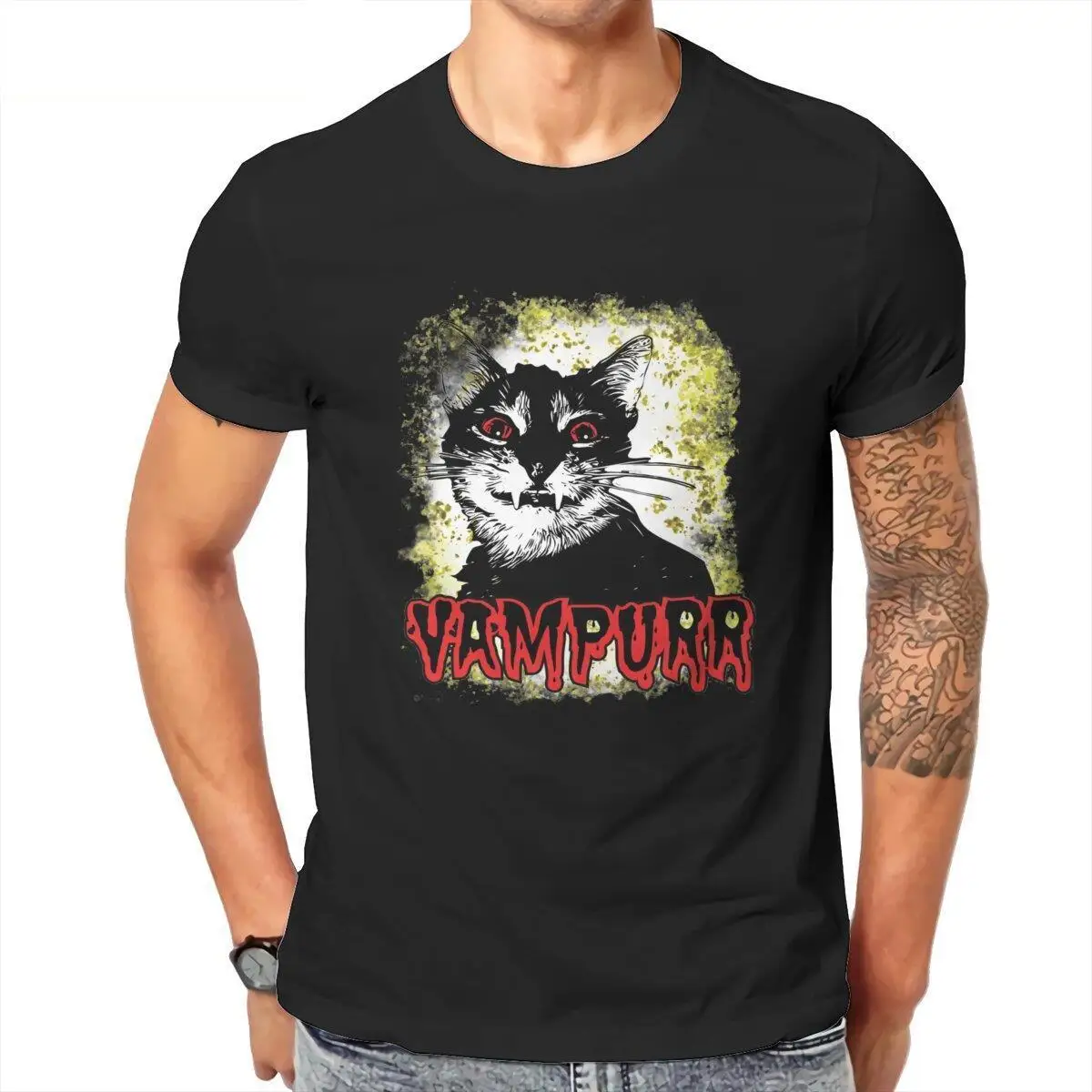 Men's Vampurr Vampire Horror Funny Halloween Cat T Shirts  100% Cotton Clothing Novelty Short Sleeve Tee Shirt Gift Idea T-Shirt