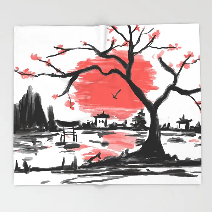 

Japanese Watercolor Landscape Illustration Flannel Warm Blanket Adult Children Fleece Throw Blankets for Beds Travel Home