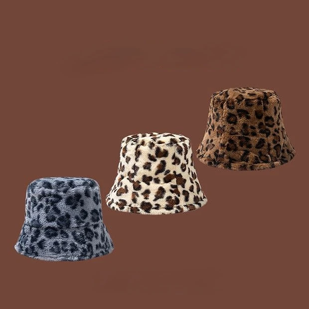 

Furry Hat Female Winter Leopard Print Fisherman Hat Warm Bucket Hat Tide Rabbit Fur Blend Plush Bucket Hat