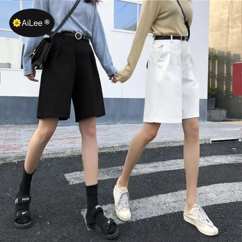Knee Long Wide Leg Casual Women Shorts A-line High Waist Slim Summer Shorts Feminino Chic S M L Ladies Bottom Casual Street Wear