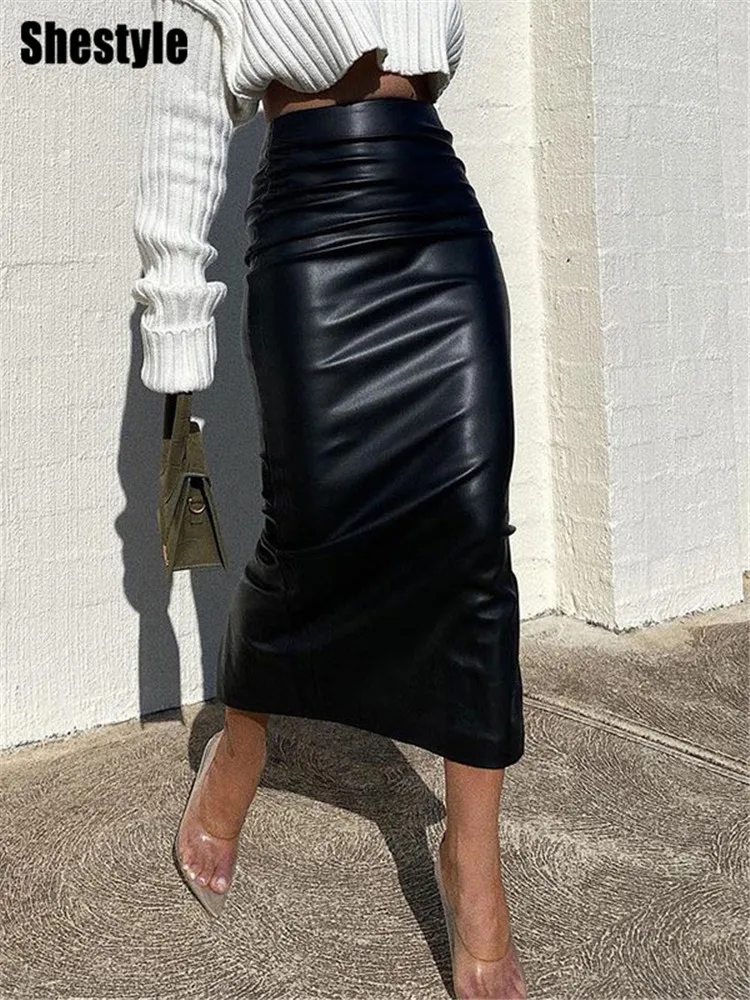 

Shestyle PU Faux Leather Pencil Skirts Women Elegant Commute Style White Black Ruched Back Zip Workwear Office Lady Slit