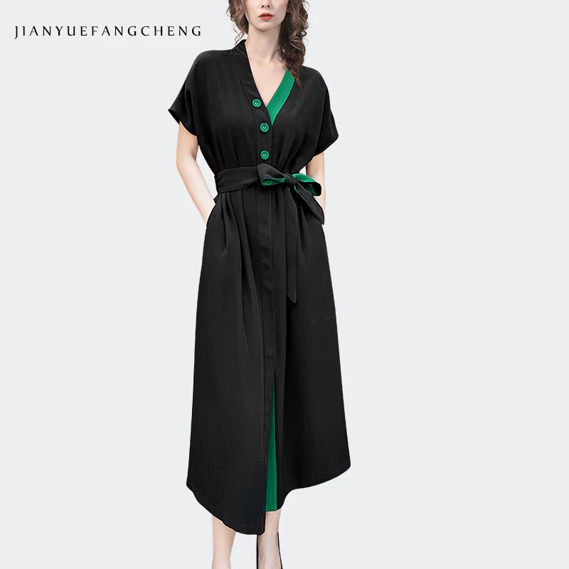 

Женское драпированное платье средней длины, элегантное Простое Повседневное платье на шнуровке с V-образным вырезом и длинными рукавами «летучая мышь», лето 2022