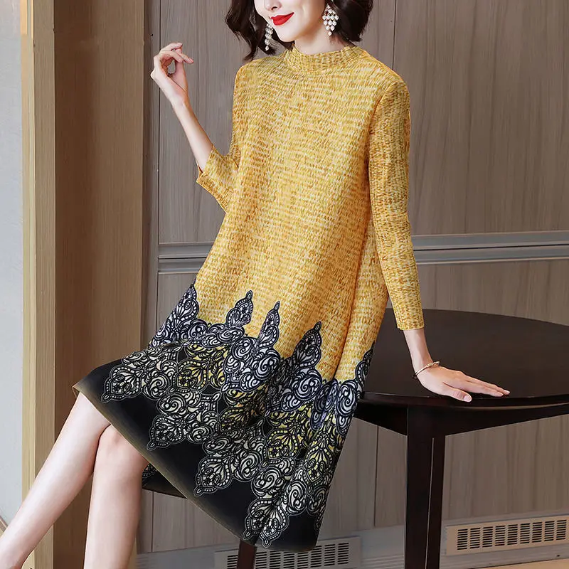 

Pleated fashion temperament dress female 2022 spring new western style loose mid-length full sleeve casual skirt female tops