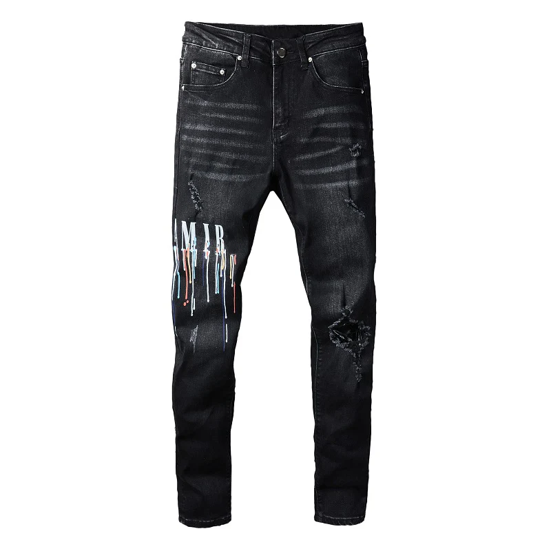 Street Fashion Men Jeans Retro Black Gray Stretch Elastic Slim Fit Ripped Jeans Men Printed Designer Hip Hop Brand Pants Hombre