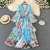 merchall women sexy deep v neck flowy long dress 2022 spring flare long sleeve floral print single breasted party vestidos m6872