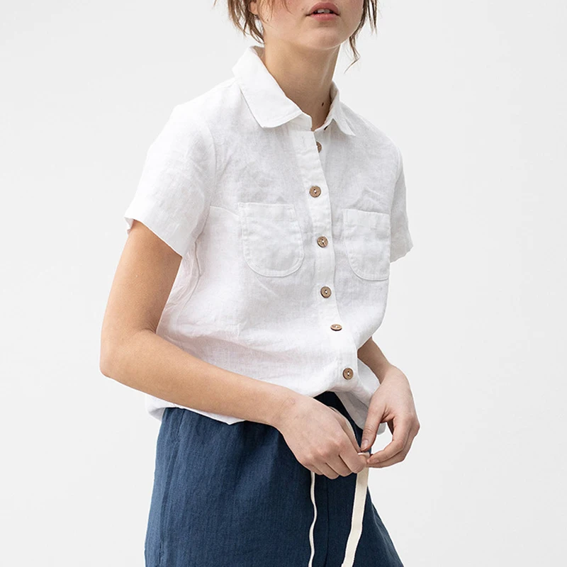 

Johnature Linen Short Sleeve Womens Tops And Blouses 2023 Summer New Casual Turn-down Collar Loose Button Female Shirts