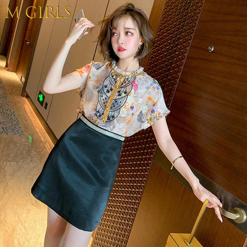 

M GIRLS Awarose Lady Clothes Set Summer Short Sleeve Lace Print Top T-shirt 2 Two Piece High Waist Black Skirt Women Suit