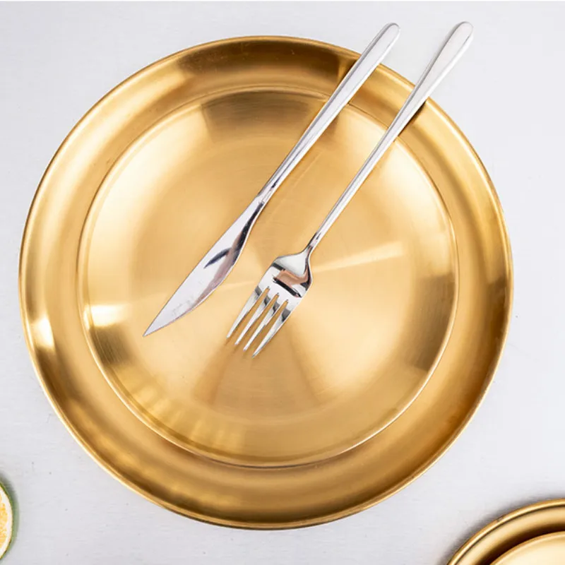 

Gold Dinner Plates European Style Serving Dishes Kitchen Round Cake Tray Western Steak Tools