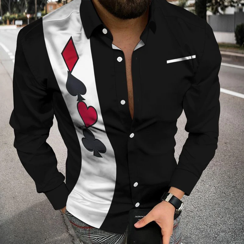

Fashion Men Shirt Turn-down Collar Casual Shirts Black And White poker Print Long Sleeve Tops Mens Clothing Streetwear Cardigan