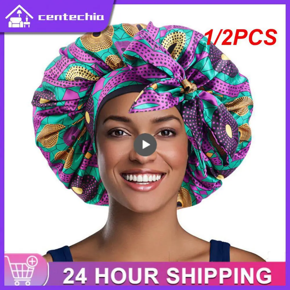 

1/2PCS Extra Large African Pattern Print Satin Bonnet Women Night Sleep Adjustable Wide Band Head Wrap Hair Bonnet Hat