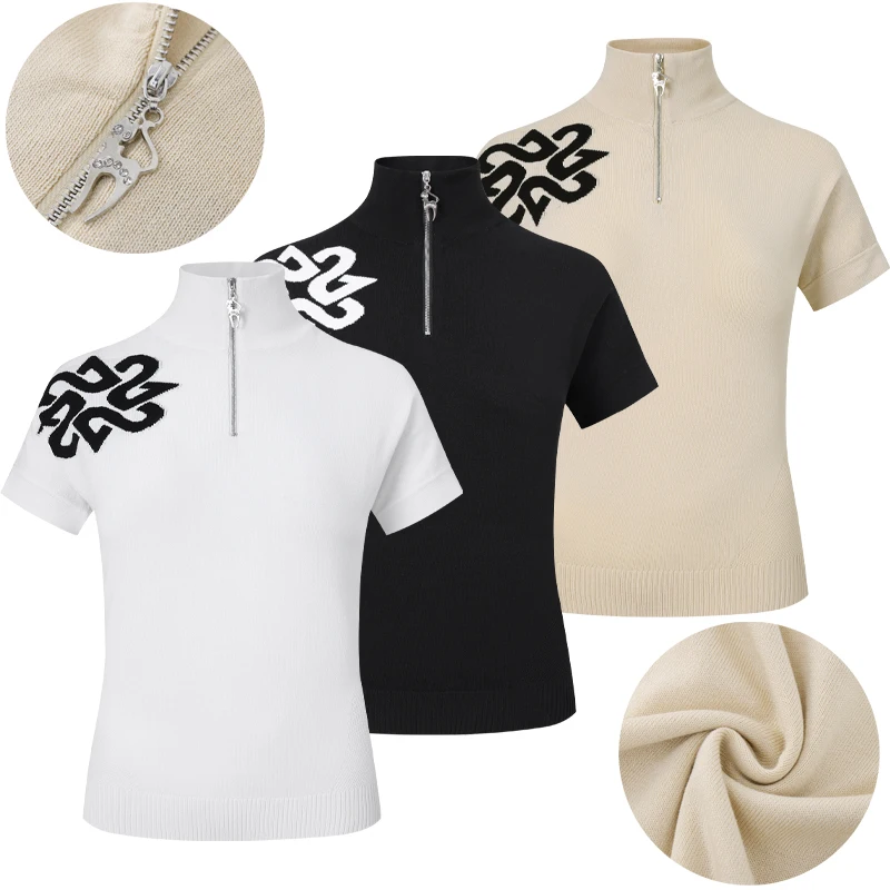 

New Golf Clothing Summer Women's 23 Knitted Elastic Stand Collar Slim Fit Short Sleeve T-shirt Sportswear