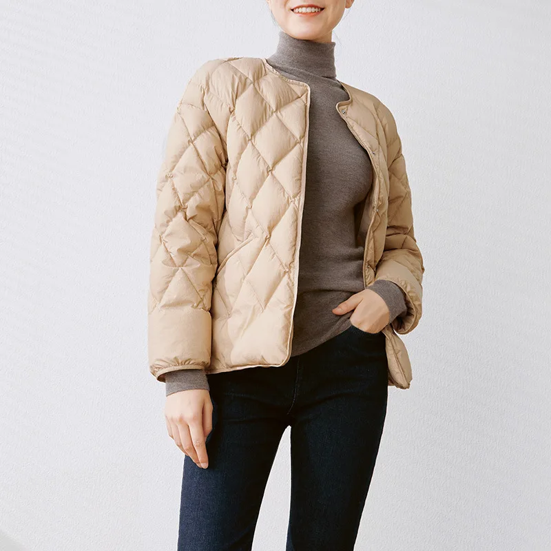 2022 Winter Women Casual Warm Coat Diamond Plaid White Duck Down Round Neck Down Jacket