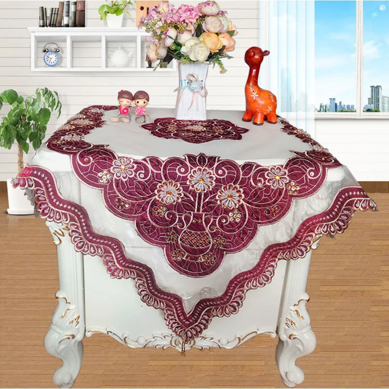 

European Retro Lace Stitching Embroidery Hand Beading Red Tablecloth Table Mat Set Wedding Festive Daughter Room Decoration