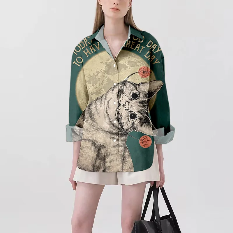 Fashionable Retro Women Cat Printed Shirt New 3D Animal Hawaiian Y2k Casual Button V-neck Loose American Oversized