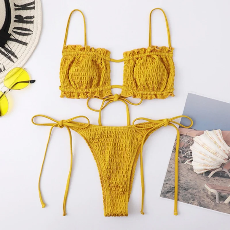 

Sexy Bikini 2022 Pleated Bandeau Swimsuit Female Swimwear Women Mini Thong Bikini Set Bather Swimming Beachwear for Bathing Suit