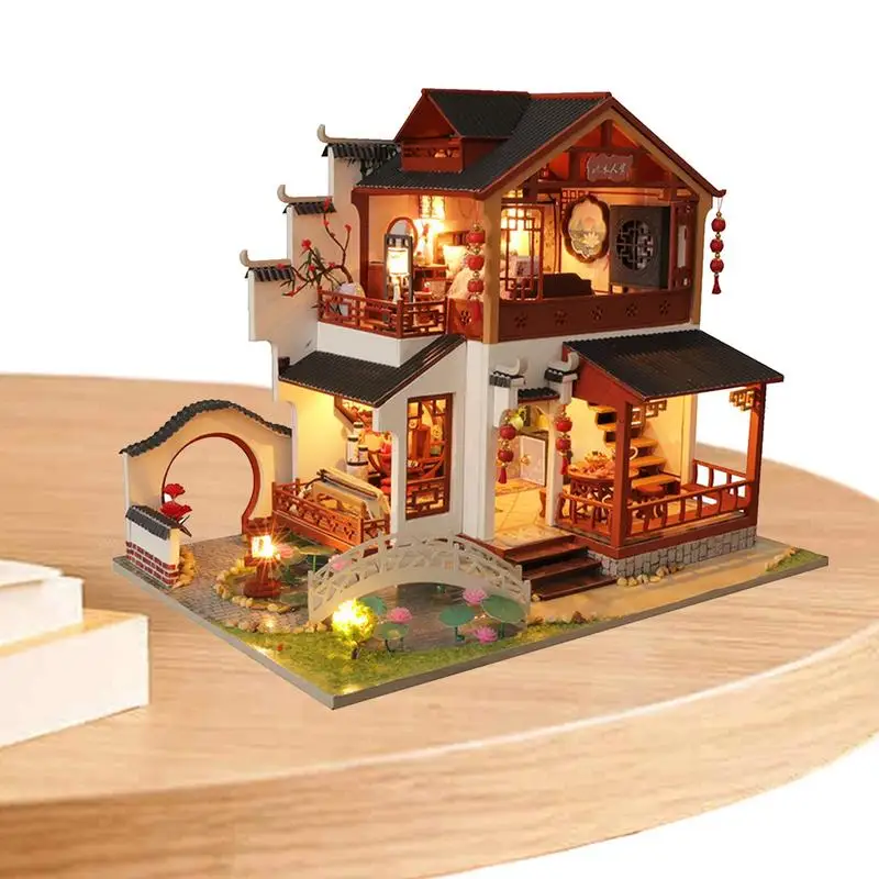 

DIY Miniature House Kit Glowing Wooden Chinese Building Model Craft Toy 1:24 Scale DIY Accessories With Furniture For Kids Teens
