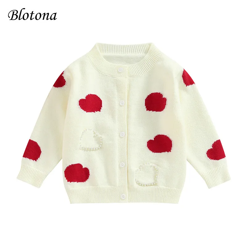 

Свитер для девочки на День святого Валентина Blotona, теплый кардиган с принтом сердечек, на пуговицах, с жемчугом, трикотажная куртка, верхняя одежда для 2-7 лет
