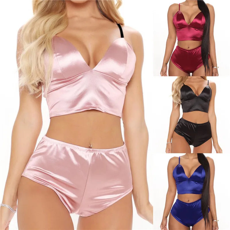 

Women Two Piece Set Tops And Shorts 2 Piece Sets Summer Sexy Pantsuits Slim Lingerie Satin High Waist Shorts Suits Sexy Outfits