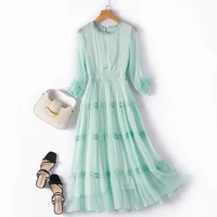 100 pure silk dress for women natural mulberry silk midi dress lace patchwork elastic waist o neck full sleeve dress 28033