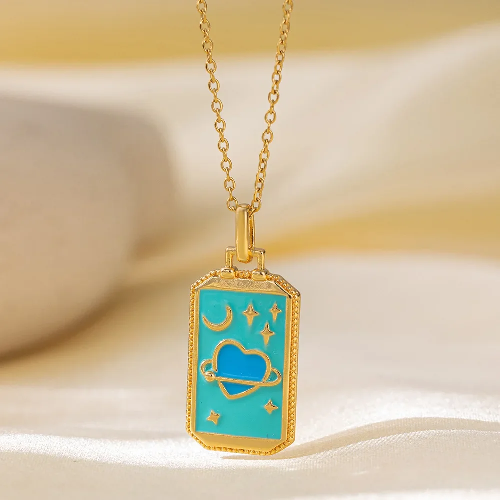 Сглаз Рука Луна Звезды Прямоугольное Ожерелье 18 К Позолоченный Цирконий CZ