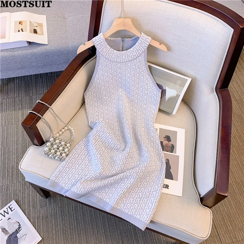 

Женское жаккардовое облегающее трикотажное мини-платье с лямкой на шее, пикантные винтажные платья-карандаш без рукавов, уличная мода, шикарные платья, лето 2023