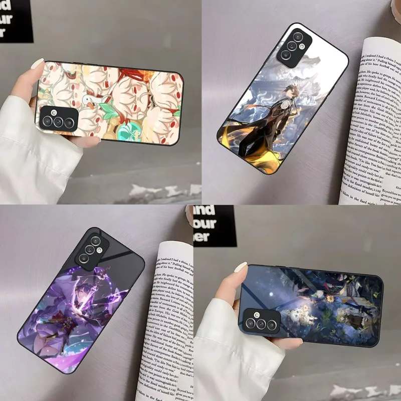 

Аниме чехол для телефона Genshin Impact для Samsung A52, A22, A21, A20, A31, A71, A51, A12, A40, A10, A14, A54, A34, задняя крышка со стеклянным дизайном
