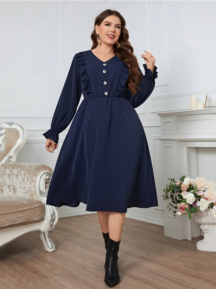 Solid color minimalist style buttons, lace sleeves, V-neck queen dress vestidos de festa plus size casamento  party dresses
