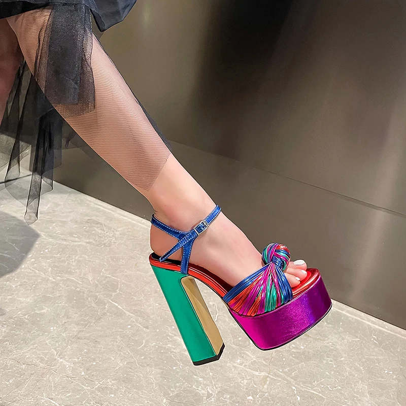 Women's Summer High Heel Sandals Platform Colorful Weave Stripe Heel Sexy Evening Dress Party Shoes Large