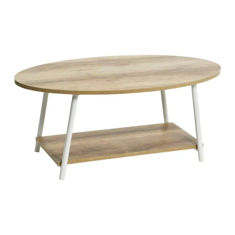 

Oval Coffee Table, 2 Tier Coffee Table with Storage Shelf, Angled Steel Legs and Faux Two Toned Wood , Coastal Oak
